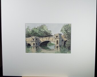 オリジナル水彩画、「湖に架かる石橋」、1980 年代頃、作者不明 - Etsy