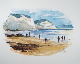 Original Watercolour 'Beach Fishing', Circa 1980's, James Kibart  (20th Century, British)