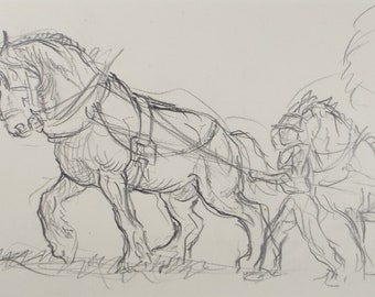 Original Pencil Sketch,'Study of Heavy Horses', Helen Collins (1921-1990), circa 1938/9