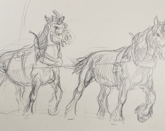 Original Pencil Sketch,'Study of Heavy horses', Helen Collins (1921-1990), circa 1938/9