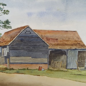 May include: A watercolor painting of a dark blue wooden barn with a brown roof. The barn has a large open door and a smaller door on the side. There is a small tree in the foreground and a dirt road leading to the barn.