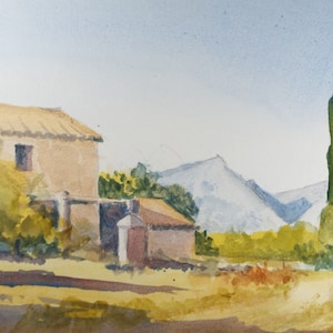 May include: Watercolour painting depicting a rural scene with a stone house, trees, and a mountain range in the background. The sky is a light blue, and the trees are a mix of green and yellow.