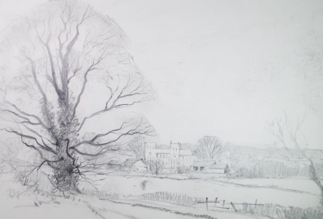 オリジナルの鉛筆画、「リポン大聖堂」、トム・サイクス、1980 年代頃