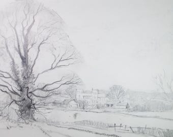 オリジナルの鉛筆画、「リポン大聖堂」、トム・サイクス、1980 年代頃