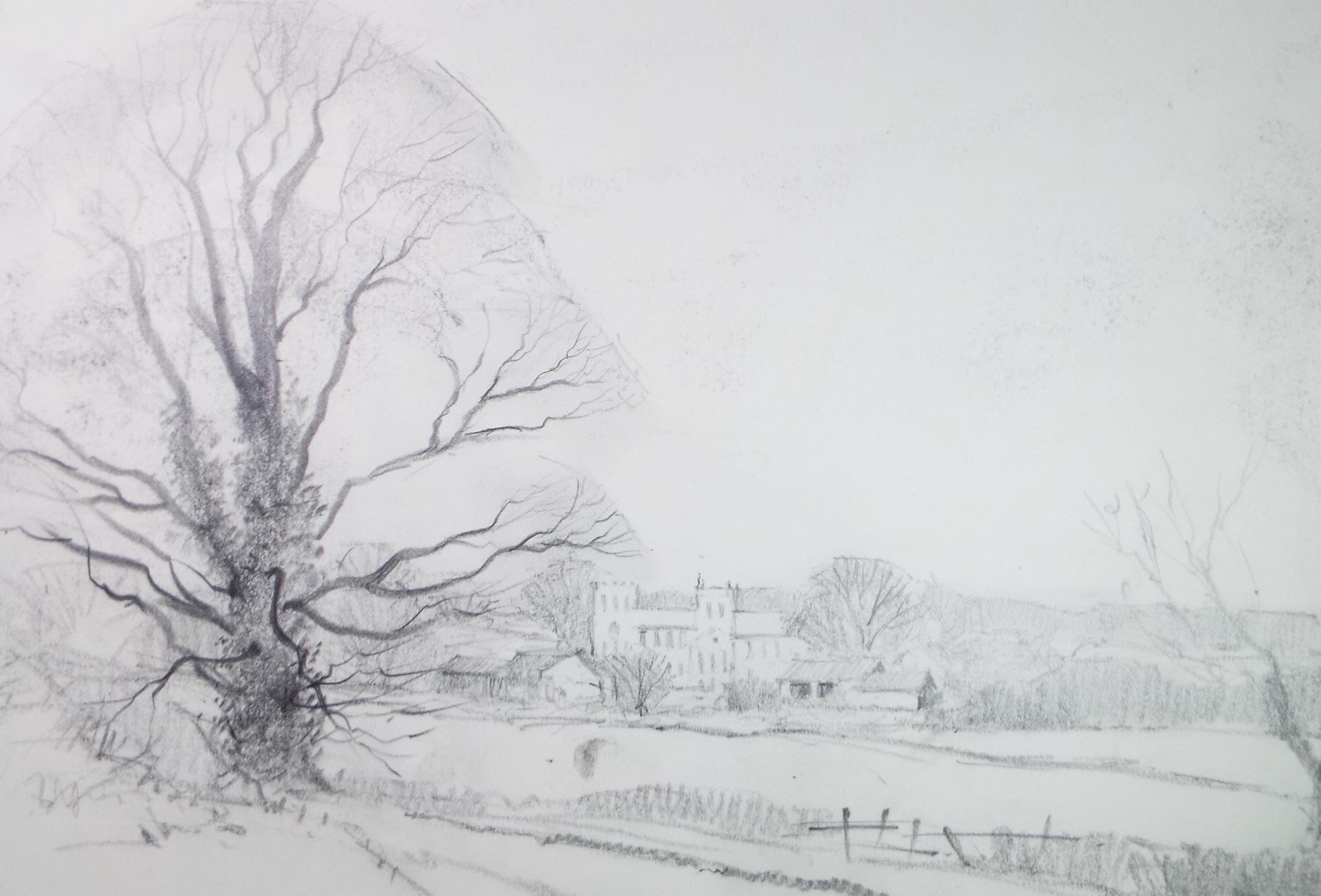 オリジナルの鉛筆画、「リポン大聖堂」、トム・サイクス、1980 年代頃