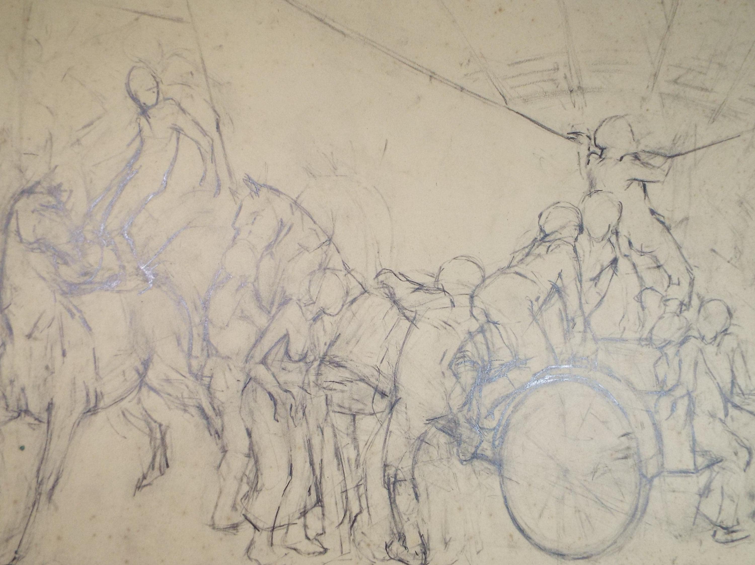 Original Pencil Drawing,'figures on a Cart', Edmund Caswell (1938