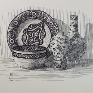May include: Black and white pen and ink drawing of a still life featuring a decorative plate, a bowl, and two vases. The plate and vases have intricate patterns. The bowl has a geometric design. The drawing is signed and dated 1909.