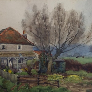 Original Watercolour &#39;Farmhouse with vegetable Patch&#39;, circa 1930&#39;s, unknown artist