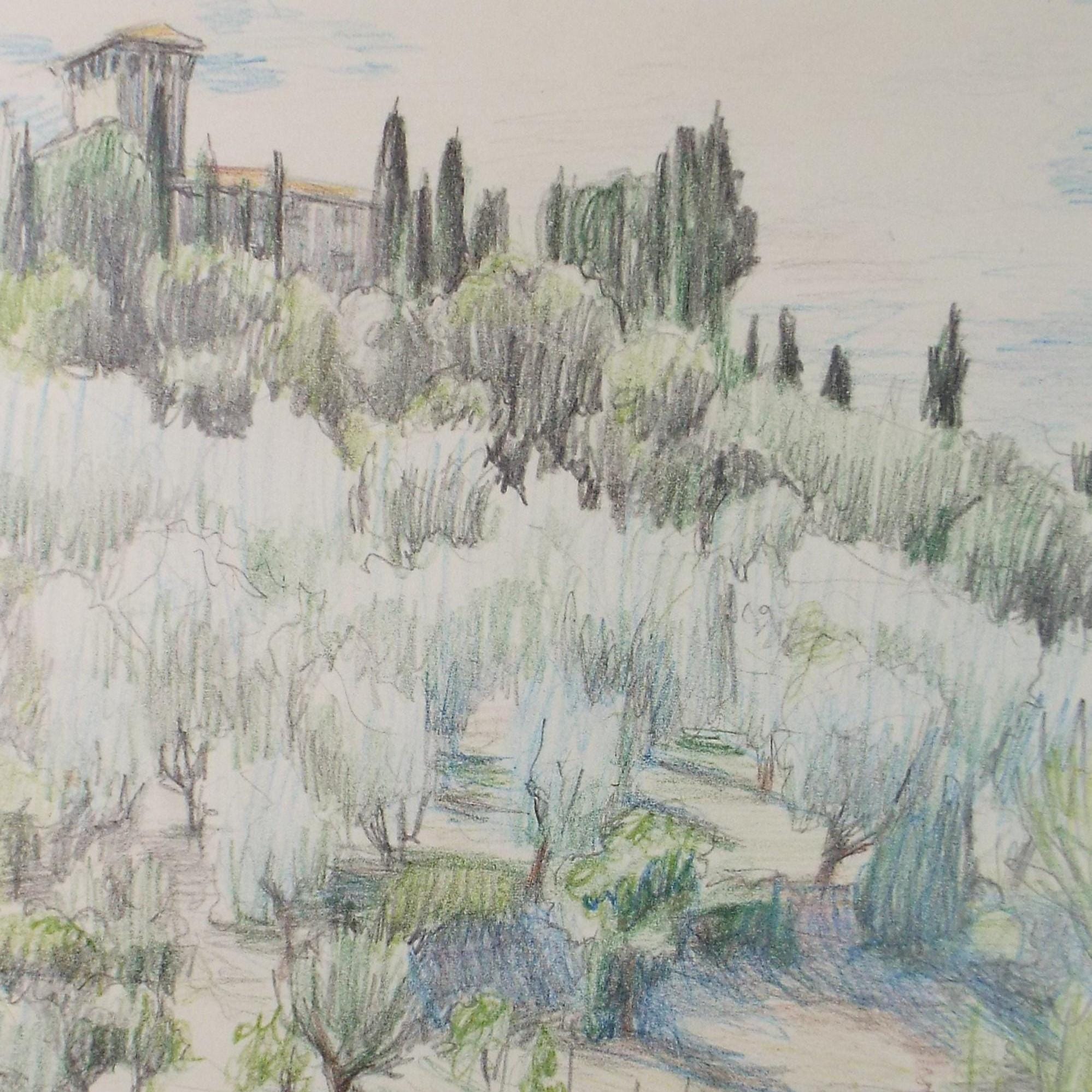 オリジナルの鉛筆画、「イタリアの風景」、1970年代頃、ポーリン