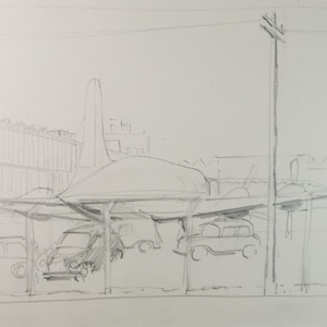 Original Pencil Drawing, &#39;Parked aircraft&#39;, Artist Unknown, Circa 1950&#39;s