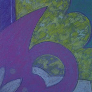 May include: Abstract artwork featuring a composition of shapes and colors. The image showcases a large, purple, curved shape with a circular element, set against a backdrop of green and blue hues. The artwork is created with a chalky texture.