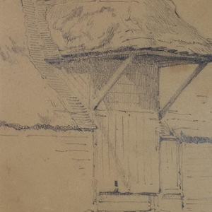 May include: A pencil sketch of a building with a thatched roof and a wooden door. The building is drawn in a simple style, with a focus on the lines and shapes of the structure.