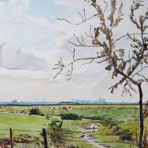 May include: Watercolor painting of a rural landscape with a field, a stream, a tree, and a distant cityscape in the background.
