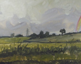 Original Watercolour  'Landscape with Pylon & Rainbow', c1980, Unknown Artist