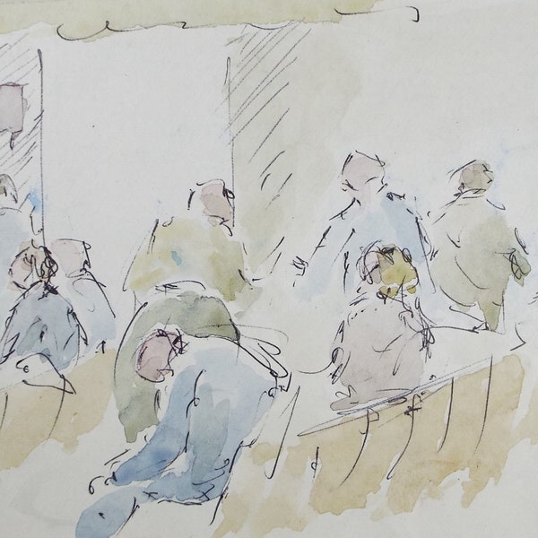 Original Watercolour drawing, 'The Waiting Room', Hugh McKenzie (1909-2005), Mid 20th Century