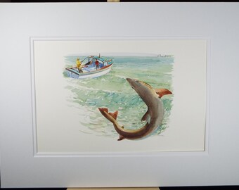 オリジナル水彩画「サメ釣り」、1980 年代頃、ケン・ジョンソン