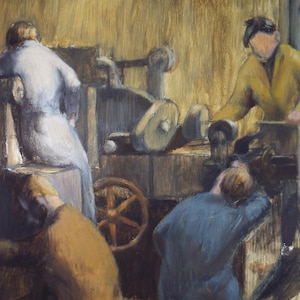 May include: An oil painting showing a workshop interior with several figures working around machinery. The color scheme is dominated by earthy tones, with figures in blue, yellow, and brown clothing. A large wheel is visible.