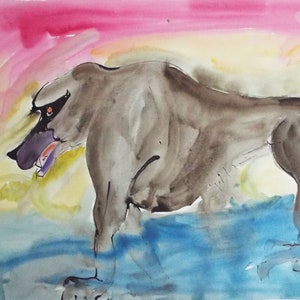 Baboon Watercolor Painting: Original India Ink Art by Sven Berlin