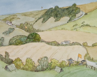 Original Watercolour, 'Green Landscape with Flags', Unknown artist, circa 1980's
