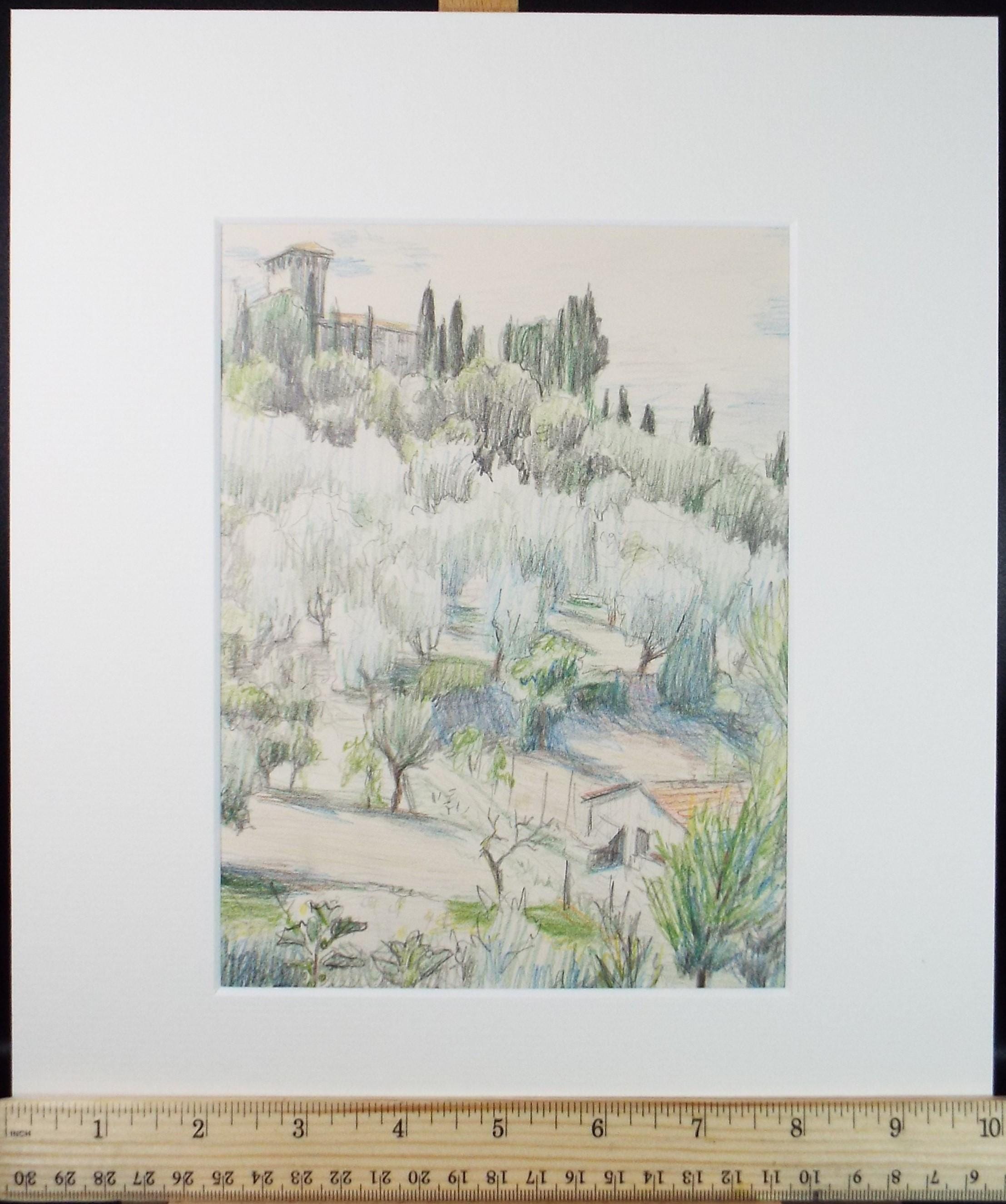 オリジナルの鉛筆画、「イタリアの風景」、1970年代頃、ポーリン