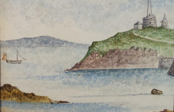 1890 年頃のオリジナル水彩画、「電信局」、作者不明 - 海の風景