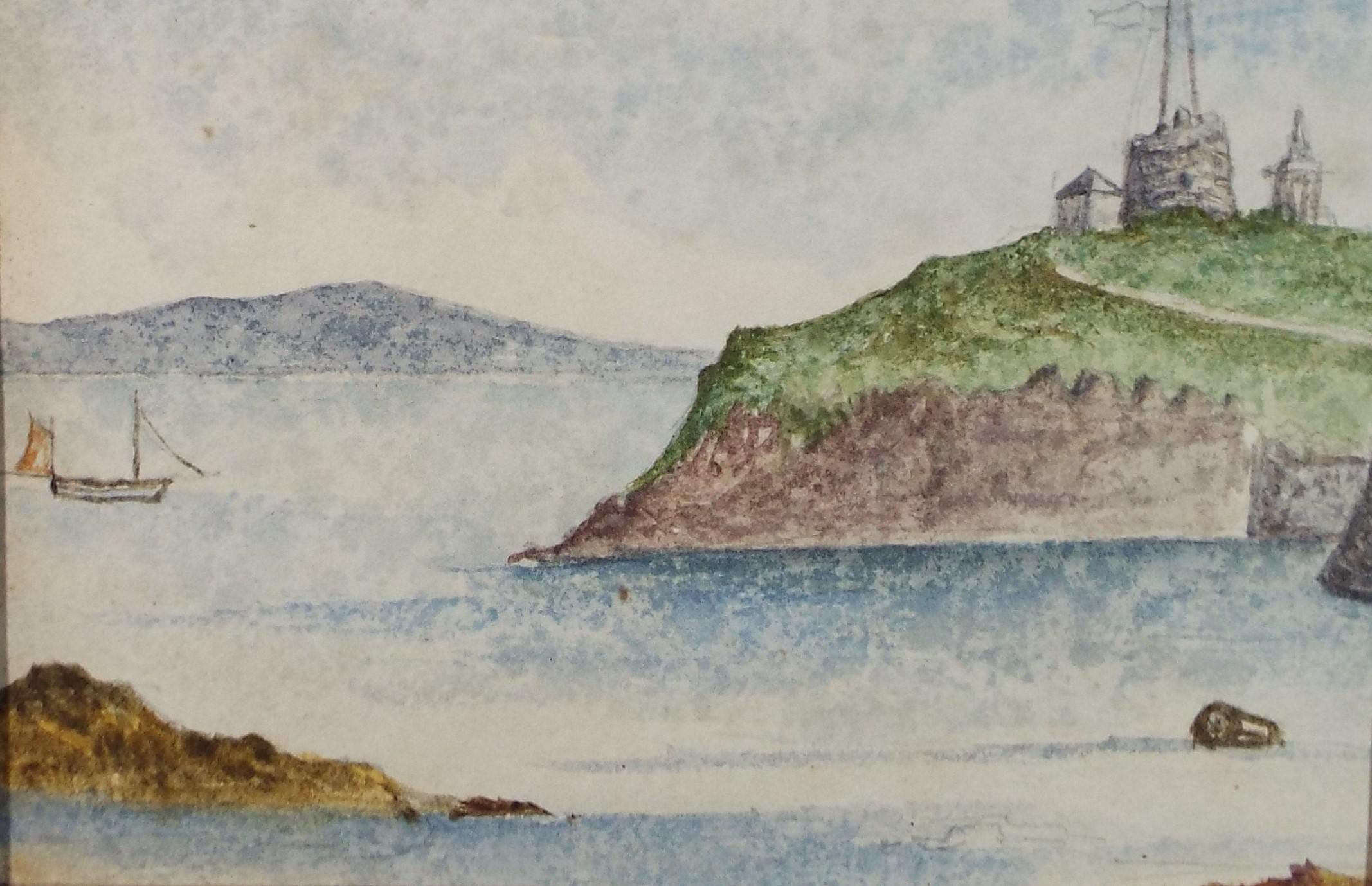 1890 年頃のオリジナル水彩画、「電信局」、作者不明 - 海の風景