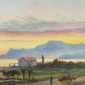 May include: A watercolor painting depicting a rural landscape at sunset. A small white building with a red roof sits in the foreground, with a cart and a person walking on a dirt road. In the distance, a range of mountains is silhouetted against a vibrant orange and pink sky.