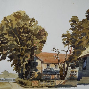 May include: Watercolor painting of a rural scene with a two-story house, a barn, and trees. The house has a brown roof and white walls. The barn has a thatched roof and a dark brown exterior. The trees are green and brown.