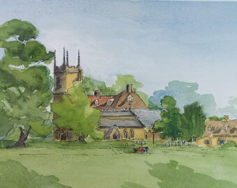 Original Watercolour, 'Village and village Green', Circa 1980's, Artist Unknown