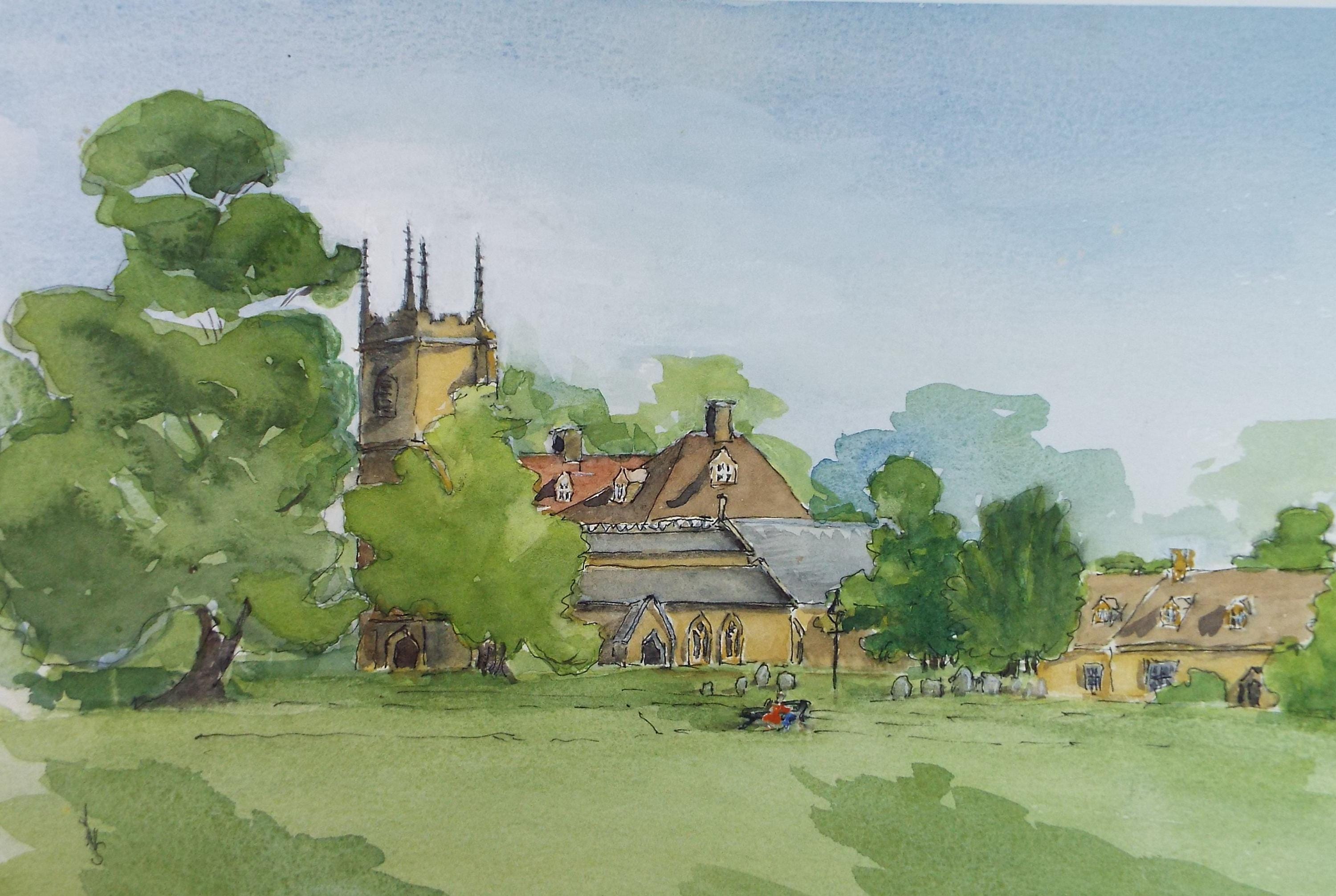 original-watercolour-village-and-village-green-circa-1980-s-artist