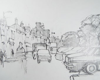 Original Pencil Drawing, 'Street Scene with Cars' , Circa 1990's, Douglas Pittuck (1911-1993)
