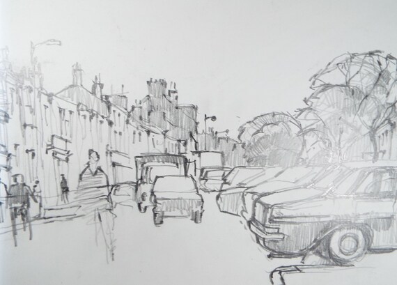 Original Pencil Drawing, 'street Scene With Cars' , Circa 1990's
