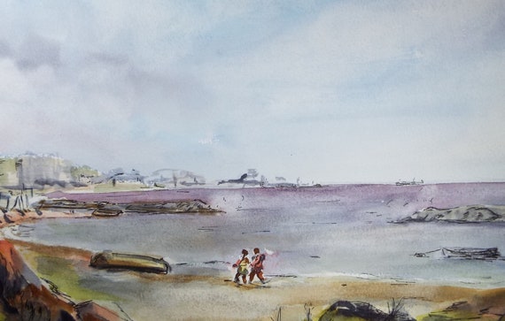 オリジナル水彩画「浜辺の人物たち」、1990年代頃、作者不明 - Etsy 日本