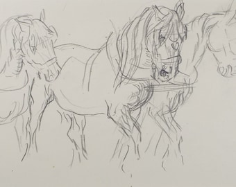 Original Pencil Sketch,'Study of Heavy Horses', Helen Collins (1921-1990), circa 1938/9