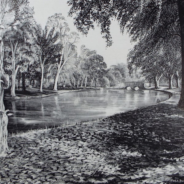 Original Etching on Scraperboard 'Parkland with Lake', Michael A. Bussey, circa 1960's