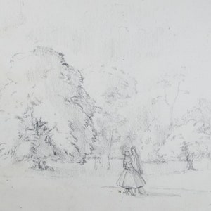 May include: A pencil sketch of two people walking in a park. The people are drawn in the foreground, while the trees are drawn in the background. The sketch is done in a light gray tone.