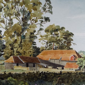 May include: Watercolor painting of a rural scene with a farmhouse and surrounding trees. The farmhouse has a red roof and a gray exterior. The trees are green and brown.