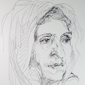 May include: A monochrome pen and ink sketch of a person's face. The drawing uses fine lines to depict the facial characteristics, such as the eyes, nose, and mouth. The person seems to be gazing ahead.