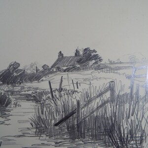 Original Pencil Drawing, &#39;Farmstead by a River&#39;, Dated 1928,  Nan C. Livingstone (1876-1952)