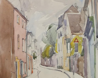 May include: Watercolor painting of a street scene with buildings on both sides of the street. The buildings are painted in shades of brown, pink, and purple. There is a tree on the left side of the street and a street sign on the right side of the street.