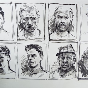 May include: A collection of eight black and white ink drawings of men's faces. Each drawing is framed in a square and features a man wearing a hat.