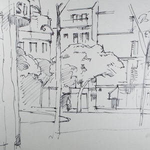 May include: A pen and ink sketch of a city street scene. Buildings, trees, and street signs are depicted with detailed linework. The word "SU" is visible on a sign. The style is reminiscent of architectural drawings.