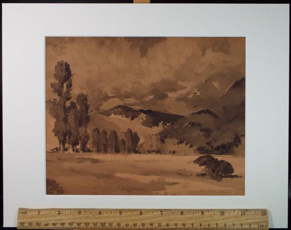 オリジナルのセピア色の水彩画、「風景画」、作者不明、1950 年代頃