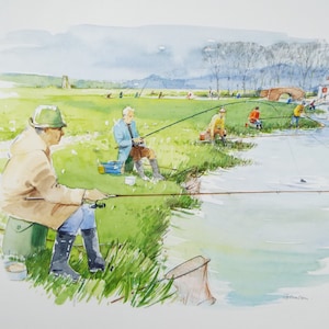 May include: A watercolour painting depicting five people fishing on a riverbank. The individuals are dressed in casual attire and are seated on the grass. The river is tranquil and the sky is overcast.
