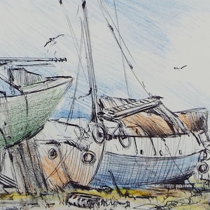 May include: A pencil drawing of two boats on a beach. The boats are drawn in detail, with visible wood planks and ropes. The sky is a light blue, and the water is a light blue with whitecaps. There are birds flying in the sky.