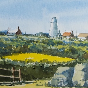 Original Watercolour Drawing, &#39;Village with Windmill&#39;,  c1980&#39;s,  Artist Unknown