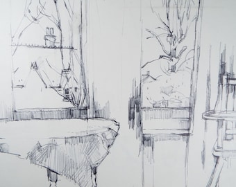 Original ink Drawing, 'Window views with high Chair', Circa 1950's, Douglas Pittuck (1911-1993)