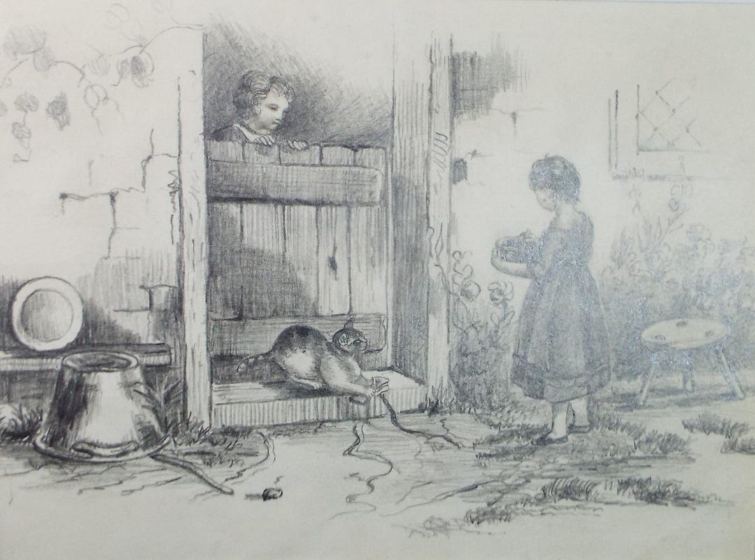 Original Pencil Drawing,'figures and Cat at a Doorway', Circa 1850's ...