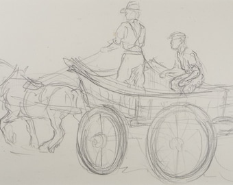 Original Pencil Sketch,'Horse Drawn Cart with Figures', Helen Collins (1921-1990), circa 1938/9