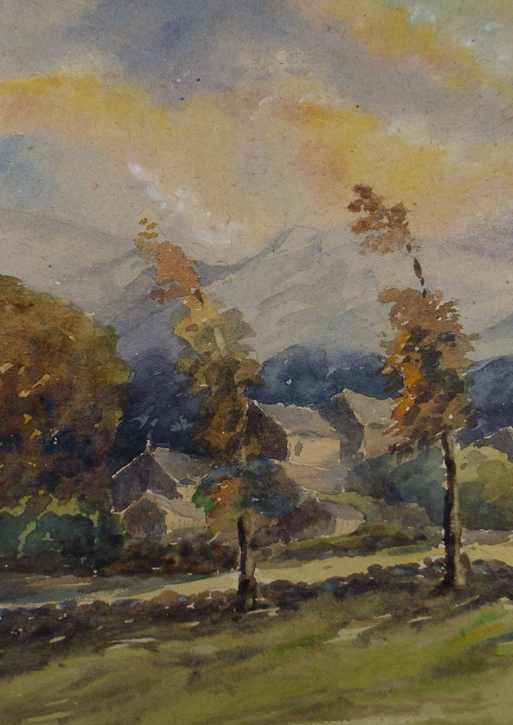 Original Watercolour on Paper, 'village Below the Hills With